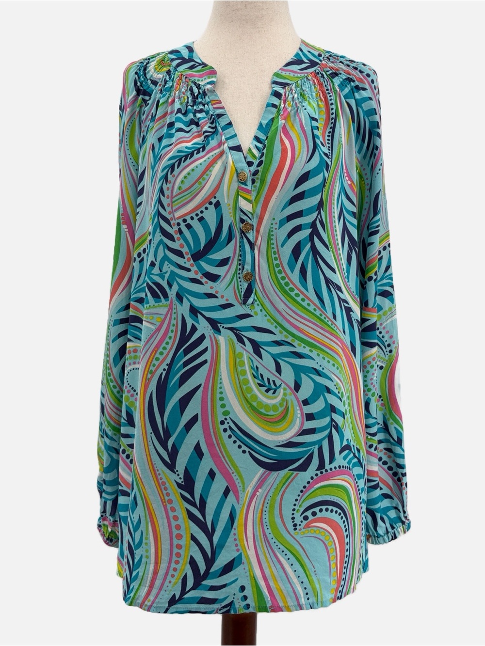 Lilly Pulitzer Elsa Silk Blouse Size Large Now You See Me Blue Ibiza Long Sleeve